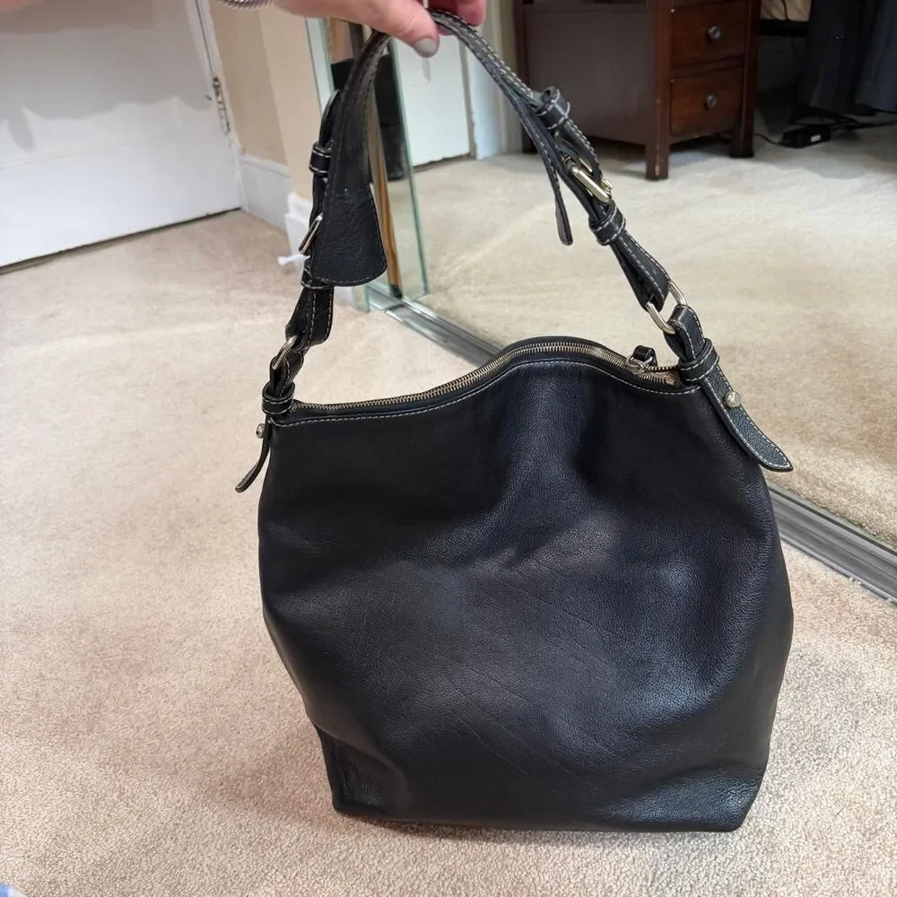 Black leather Dooney & Dillen Black Pebble Leather Hobo Shoulder Bag Gold Accent